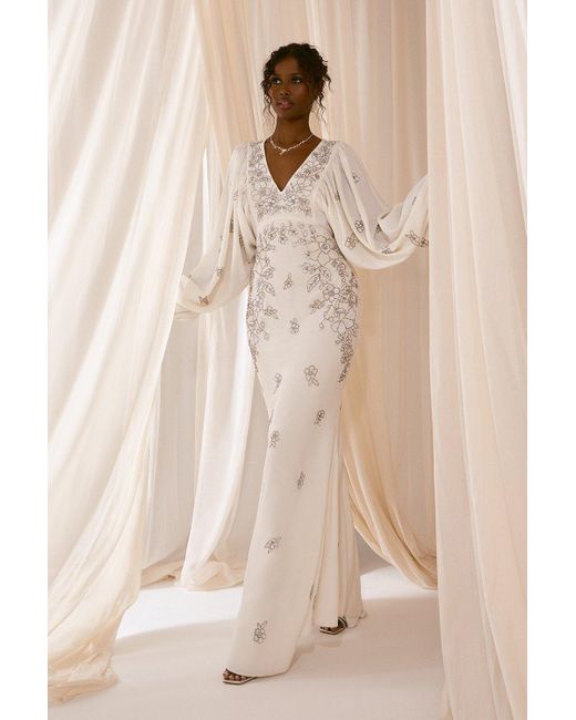 Coast White Premium V Neck Blouson Sleeve Embellished Wedding Dress