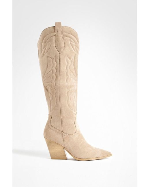 Boohoo White Embroidered Tab Detail Knee Western Cowboy Boots