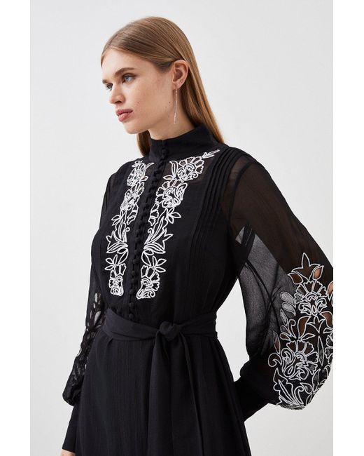 Karen Millen Black Petite Embroidery Bib Detail Woven Maxi Dress