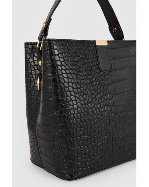 Oasis Black Faux Croc Multi Strap Gold Detail Bag