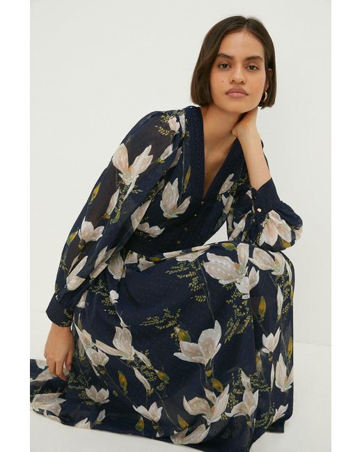 Oasis Blue Magnolia Floral Dobby Chiffon Lace V Neck Midi Dress