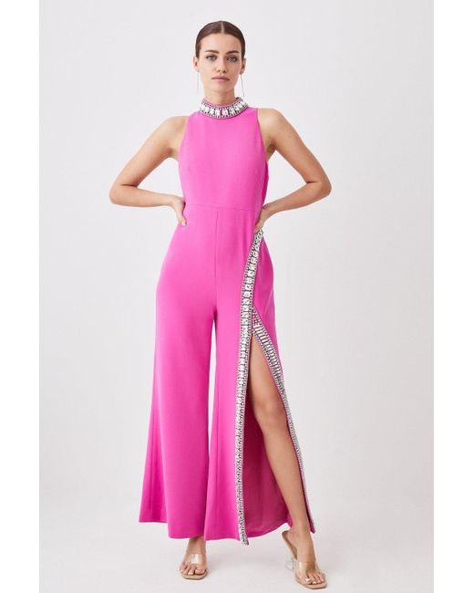 Karen Millen Pink Petite Crystal Embellished Woven Thigh Split Jumpsuit
