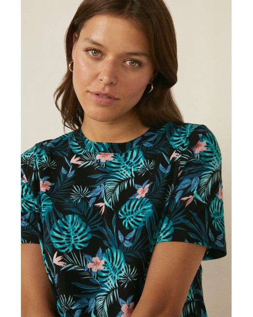 Oasis Blue Palm Print Trapeze T-shirt Dress