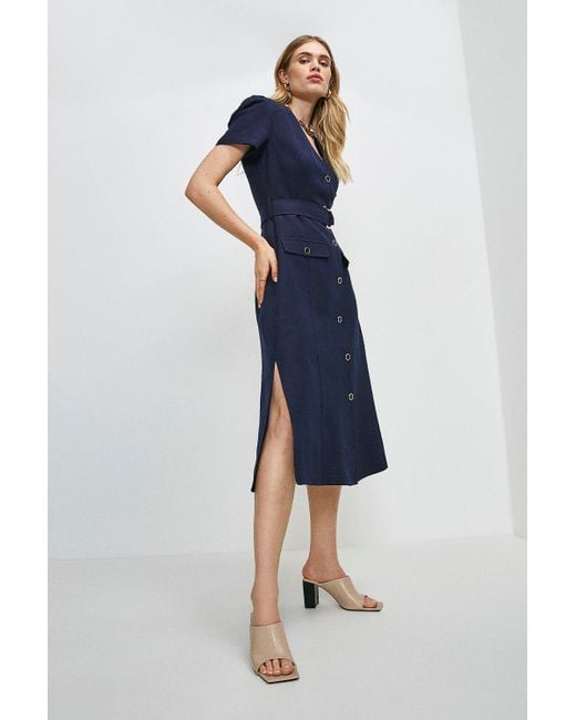 Karen Millen Blue Linen Blend Multi Stitch Belted Midi Dress