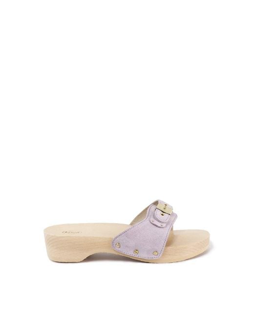 Scholl Pink 'pescura Heel' Lilac Suede & Wooden Low Heeled Sandal