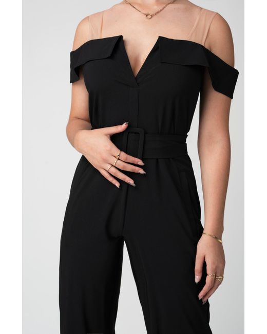 Double Second Black Off-shoulder Belted Shirt Jumpsuit