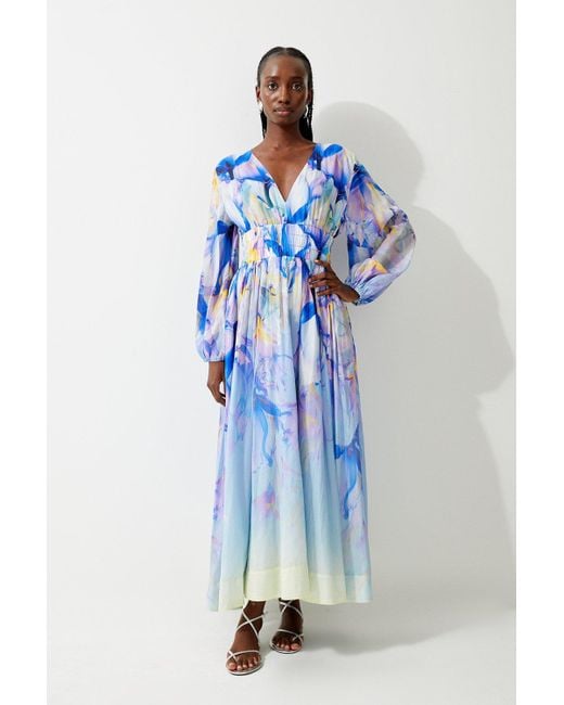 Karen Millen Blue Petite Ombre Floral Silk Cotton Plunge Maxi Dress