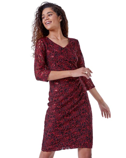 Roman Red Embellished Ruched Lace Dress
