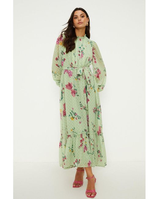 Oasis Green Lace Trim Floral Dobby Chiffon Midi Dress
