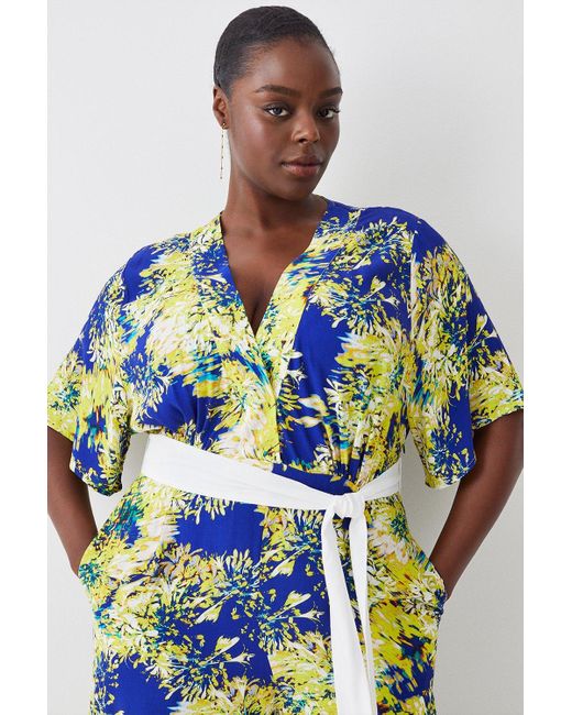 Karen Millen Blue Plus Size Exploded Floral Short Sleeve Jumpsuit