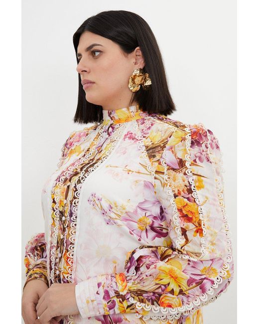 Karen Millen Multicolor Plus Size Trailing Floral Woven High Neck Blouse