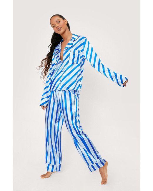 Nasty Gal Blue Satin Varying Stripe Shirt And Pants Pajama Set