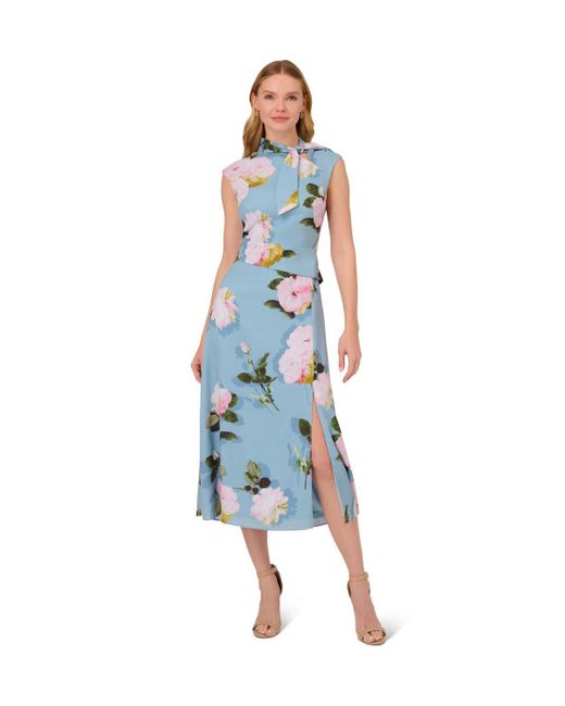 Adrianna Papell Blue Floral Printed Tie Neck Dress