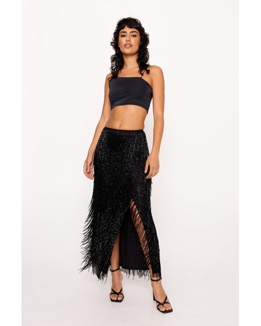 Nasty Gal Black Premium Tassel Fringe Split Skirt