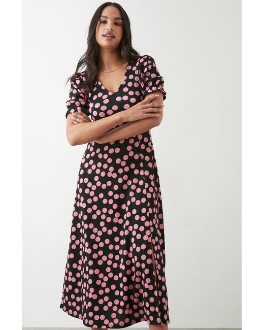 Dorothy Perkins Black Pink Spot Short Sleeve V Neck Midi Dress
