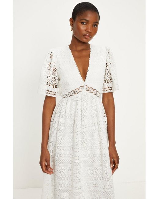 Oasis White Petite Premium Geo Lace Angel Sleeve V Neck Maxi Dress