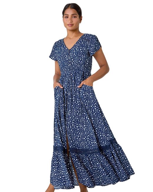 Roman Blue Polka Dot Lace Detail Maxi Dress