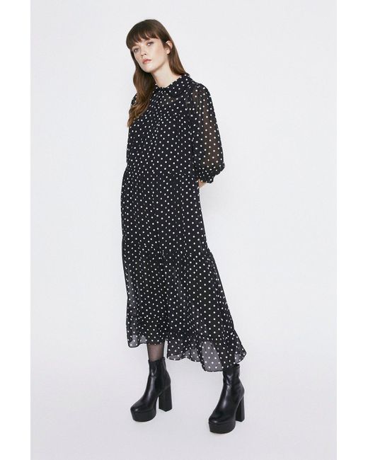 Warehouse Black Spot Print Collar Detail Tiered Midi Dress