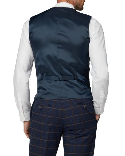 Racing Green Blue Check Tweed Wool Blend Regular Fit Waistcoat for men