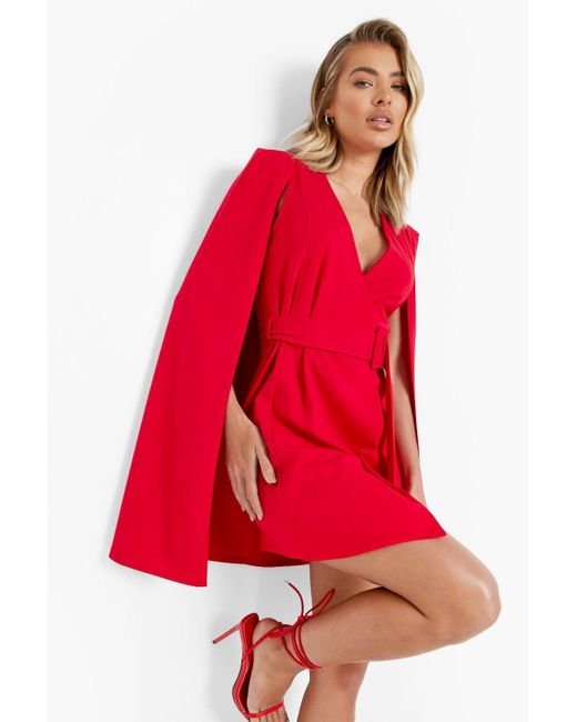 Boohoo Red Cape Sleeve Belted Mini Blazer Dress