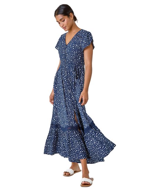 Roman Blue Polka Dot Lace Detail Maxi Dress