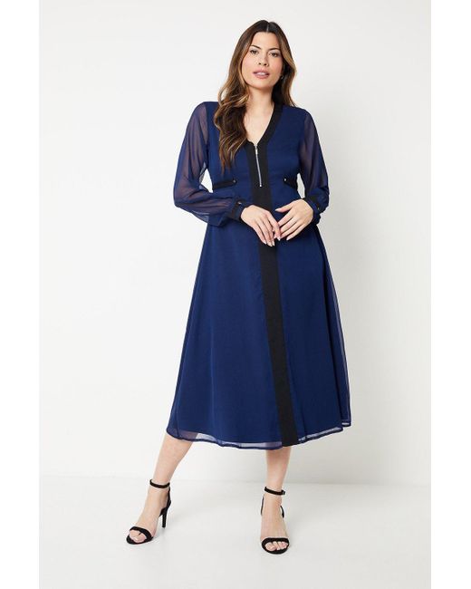 Wallis Blue Zip Front Plain Midi Dress