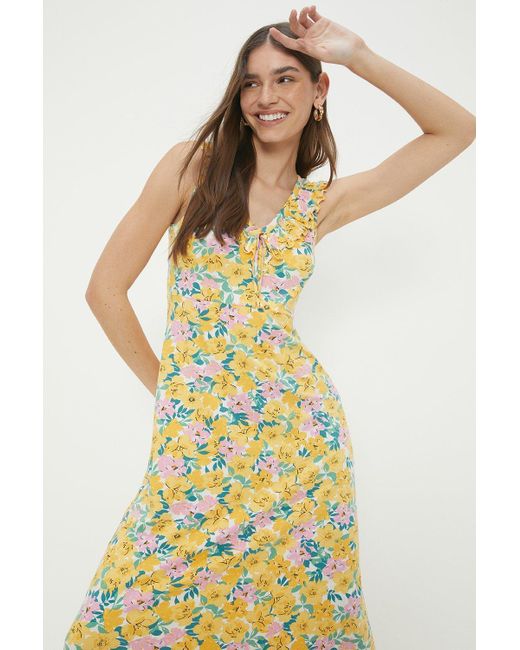 Dorothy Perkins Yellow Floral Ruffle V Neck Midi Dress