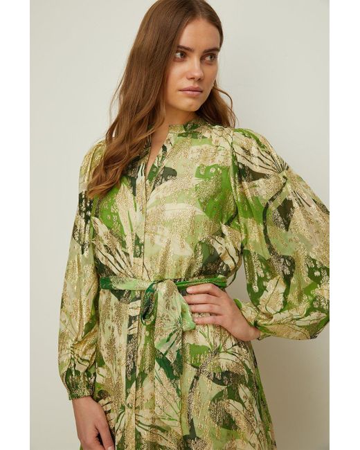 Oasis Green Rachel Stevens Palm Printed Metallic Dress