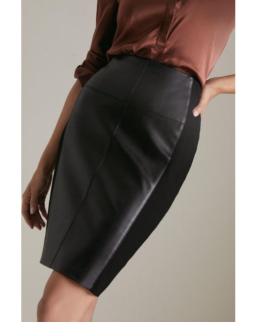 Karen Millen Black Faux Leather Ponte Panelled Skirt