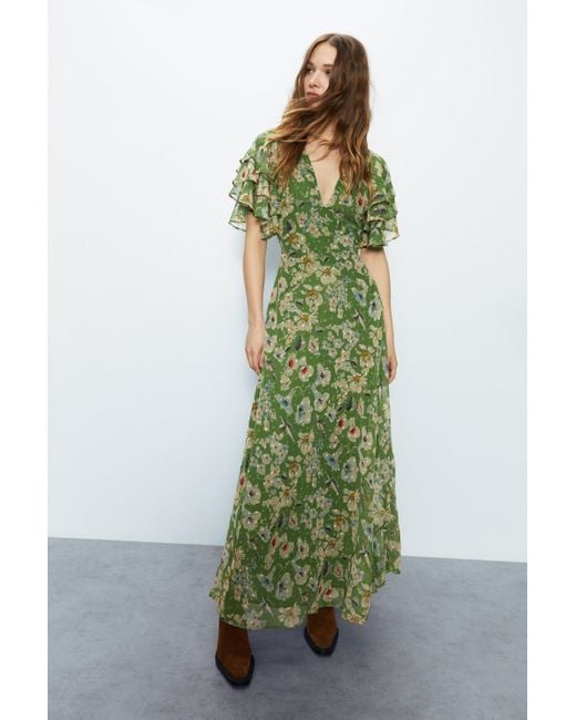 Warehouse Green Daisy Floral Print Chiffon Maxi Dress