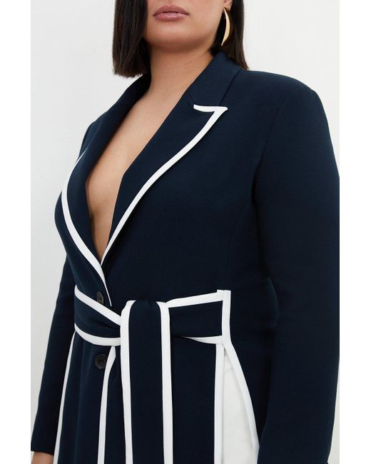 Karen Millen Blue Plus Size Compact Stretch Tailored Belted Tipped Blazer