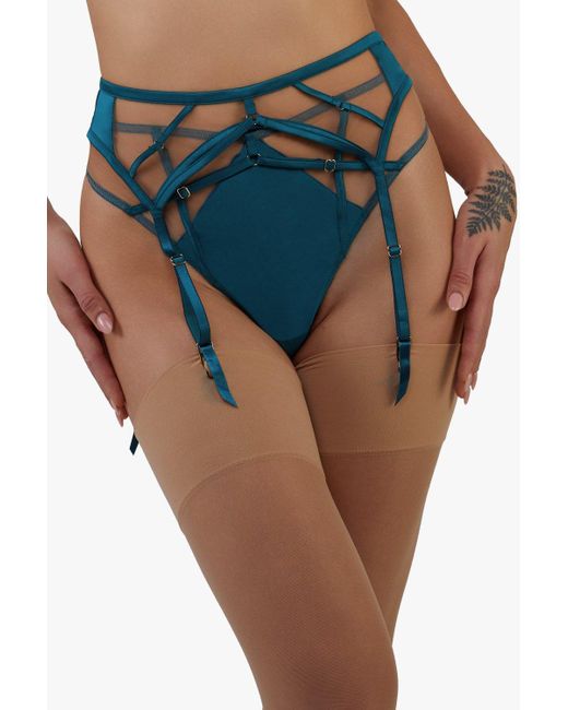 Playful Promises Blue Ramona Teal Strap Detail Illusion Mesh Suspender