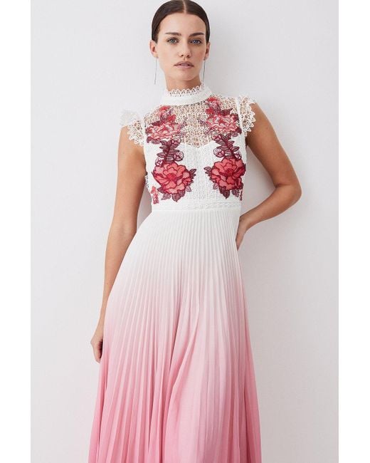 Karen Millen Pink Petite Rose Guipure Lace Woven Pleat Skirt Midi Dress