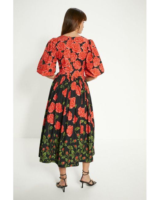 Oasis Red Rose Placement Puff Sleeve Midi Dress