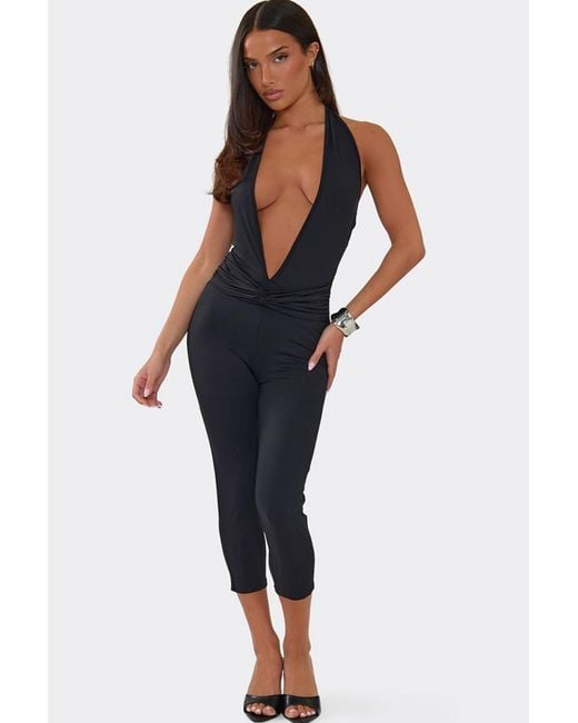 EGO Blue Capri Sleeveless Plunging Neckline Knotted Tie Jumpsuit