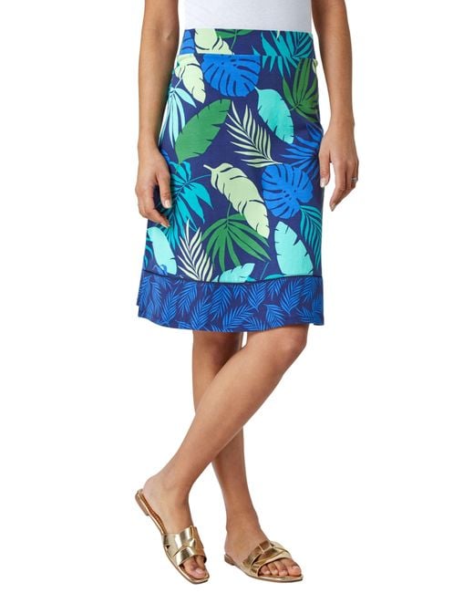 Roman Blue A-line Palm Leaf Border Stretch Skirt