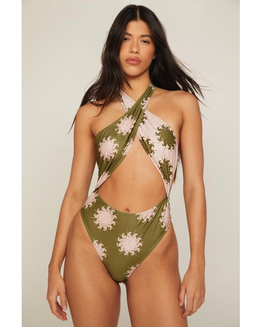 Nasty Gal Brown Sun Two Tone Halter Wrap Cut Out Swimsuit