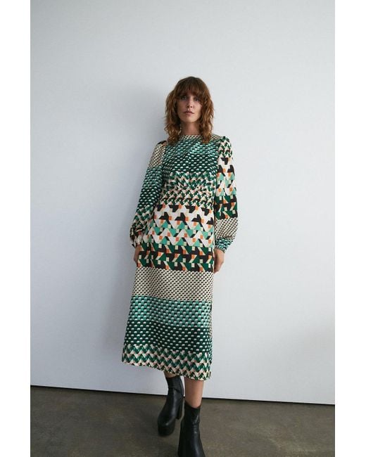 Warehouse Green Geo Print Long Sleeve Tea Midi Dress