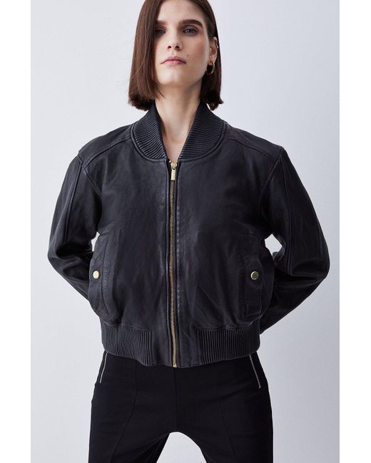 Karen Millen Black Washed Leather Zip Back Bomber Jacket