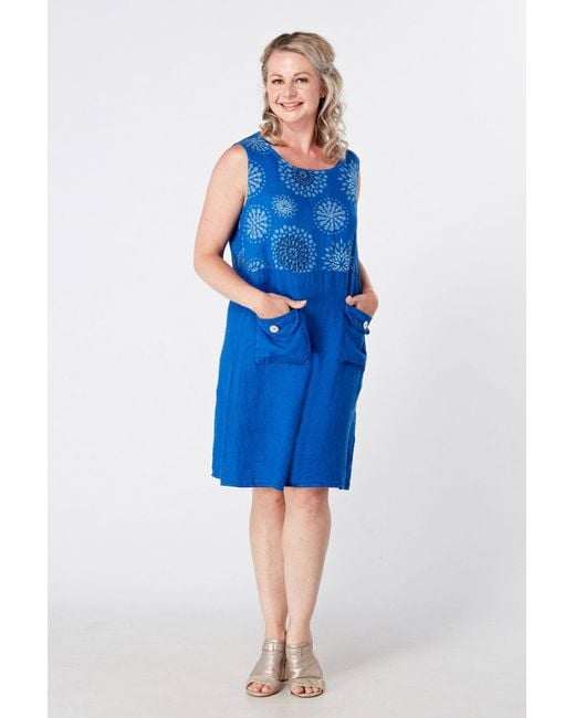 Luca Vanucci Blue Sleeveless Linen Mix Dress With Pocket Detail