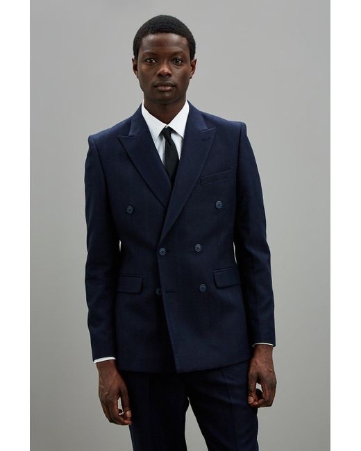 Burton Blue Slim Fit Navy Self Stripe Double Breasted Suit Jacket for men