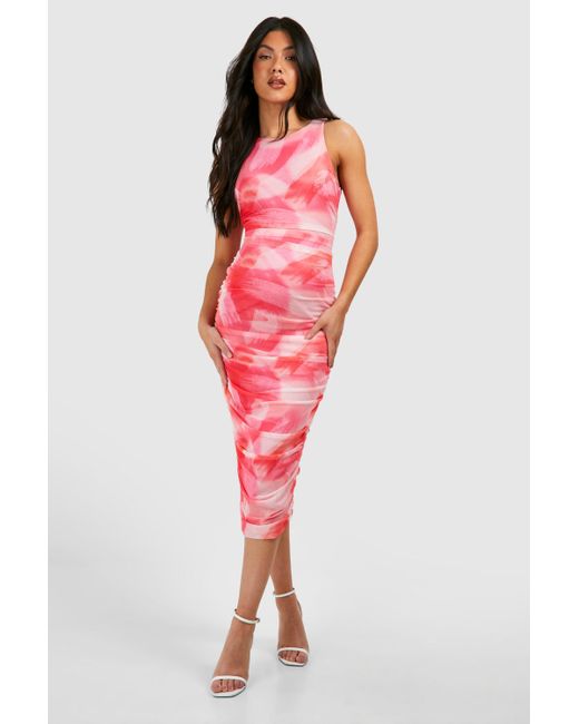 Boohoo Red Maternity Abstract Mesh Ruched Midaxi Dress