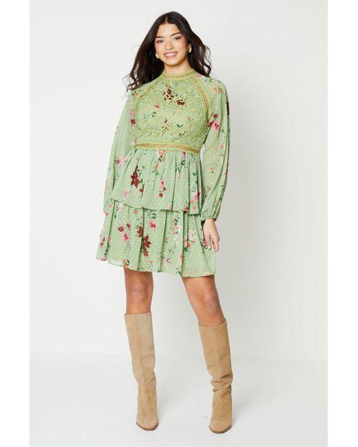 Oasis Green Floral Lace Trim Dobby Chiffon Tiered Mini Dress