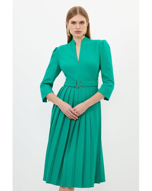 Karen Millen Green Tailored Structured Crepe High Neck Pleated Midi Dress