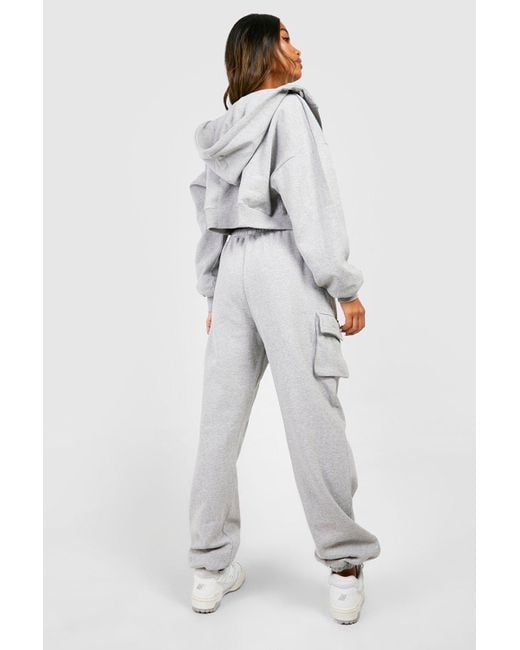 Boohoo Gray 3 Piece Cropped Zip Through Hooded Tracksuit