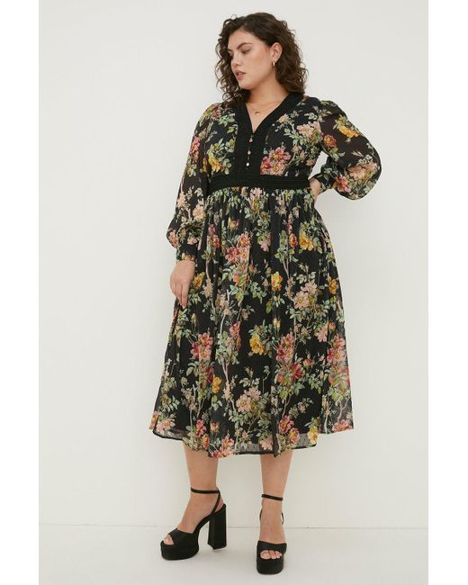 Oasis Black Plus Size Dark Floral Lace Dobby V Midi Dress
