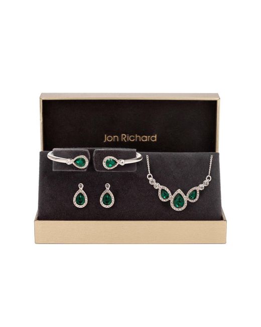 Jon Richard Black Gift Packaged Silver Plated Emerald Green Pear Trio Set