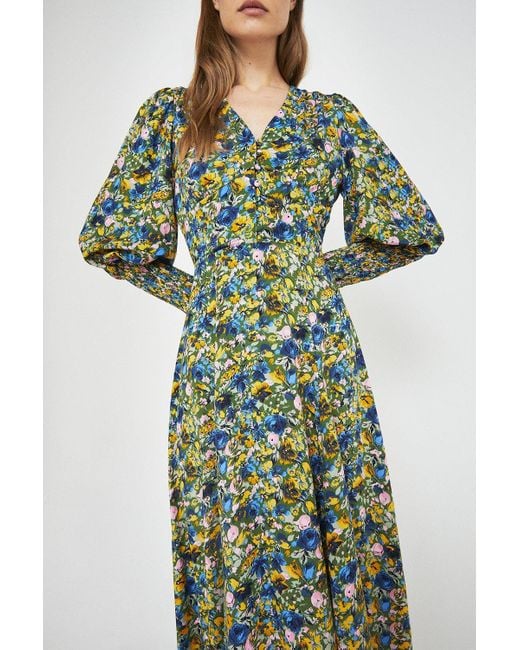 Warehouse Green Floral Button Front Midi Tea Dress