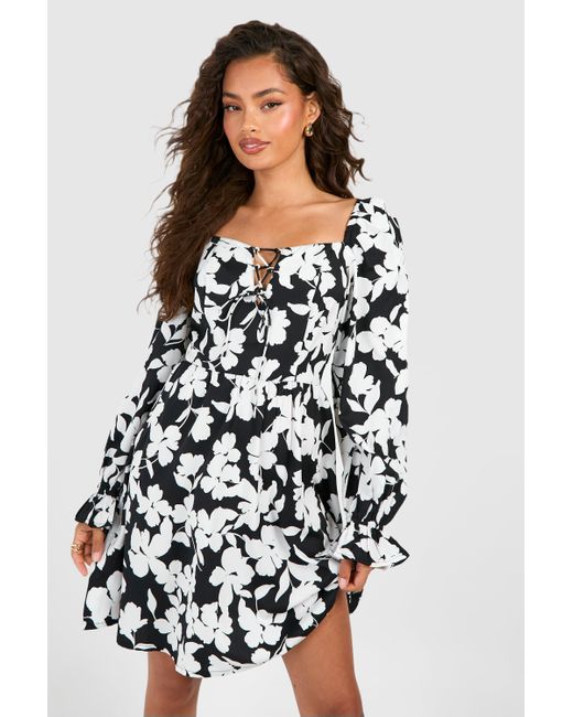 Boohoo White Floral Tie Front Smock Dress