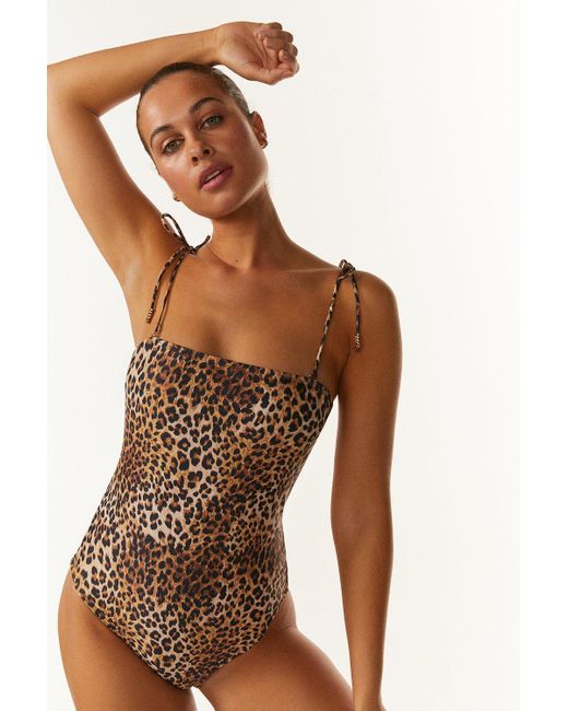 Coast Brown Tie Shoulder Leopard Print Swimsuit